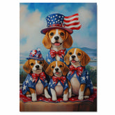Beagle Dog Family Patriotic Portrait – Oil Painting of Mom and 3 Pups in Stars and Stripes Hats and Bowties on Ready to Hang 1.5" Thick Canvas Wrap, Floating Framed Canvas, Flat Rolled Canvas